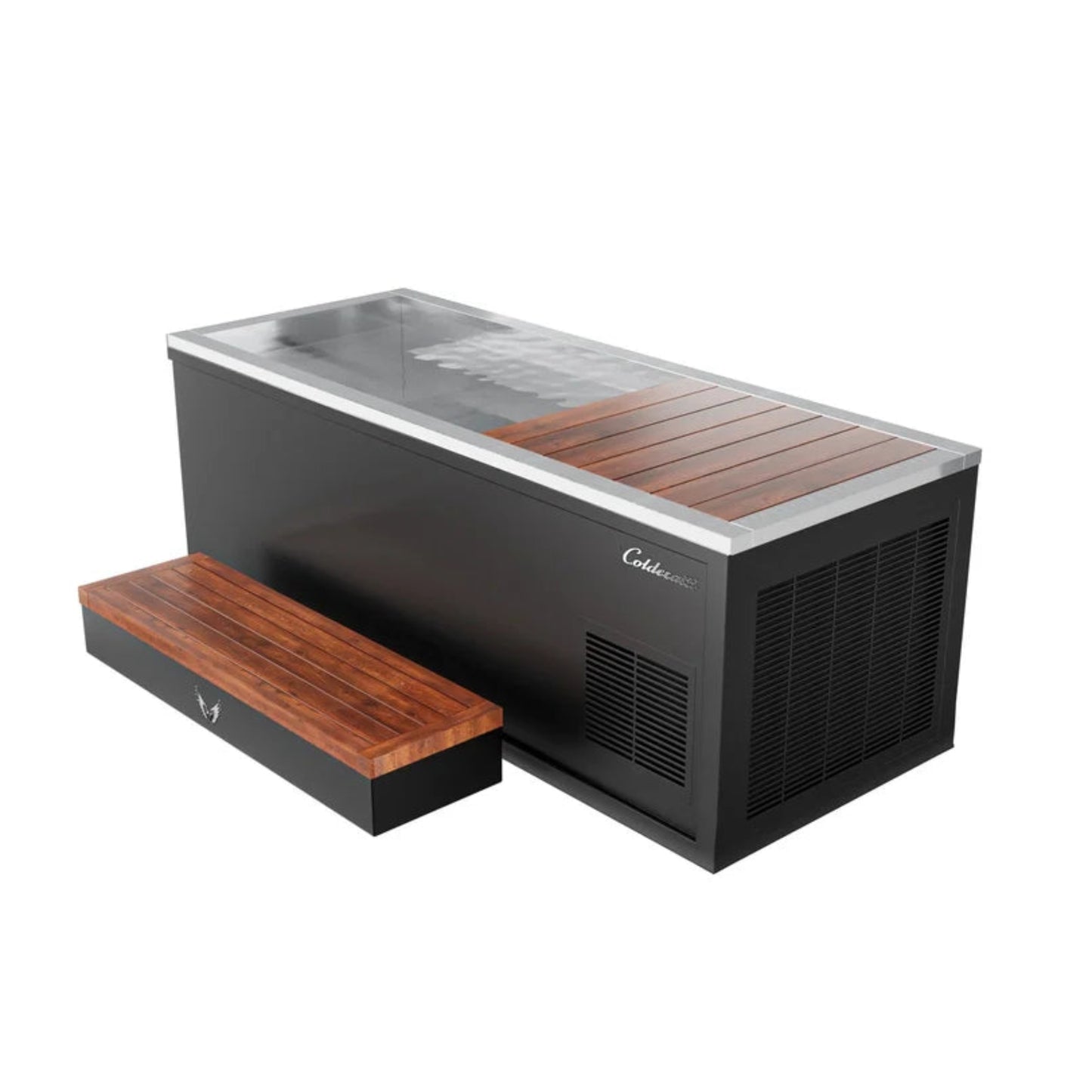 modern cold plunge with wooden bench on a white background