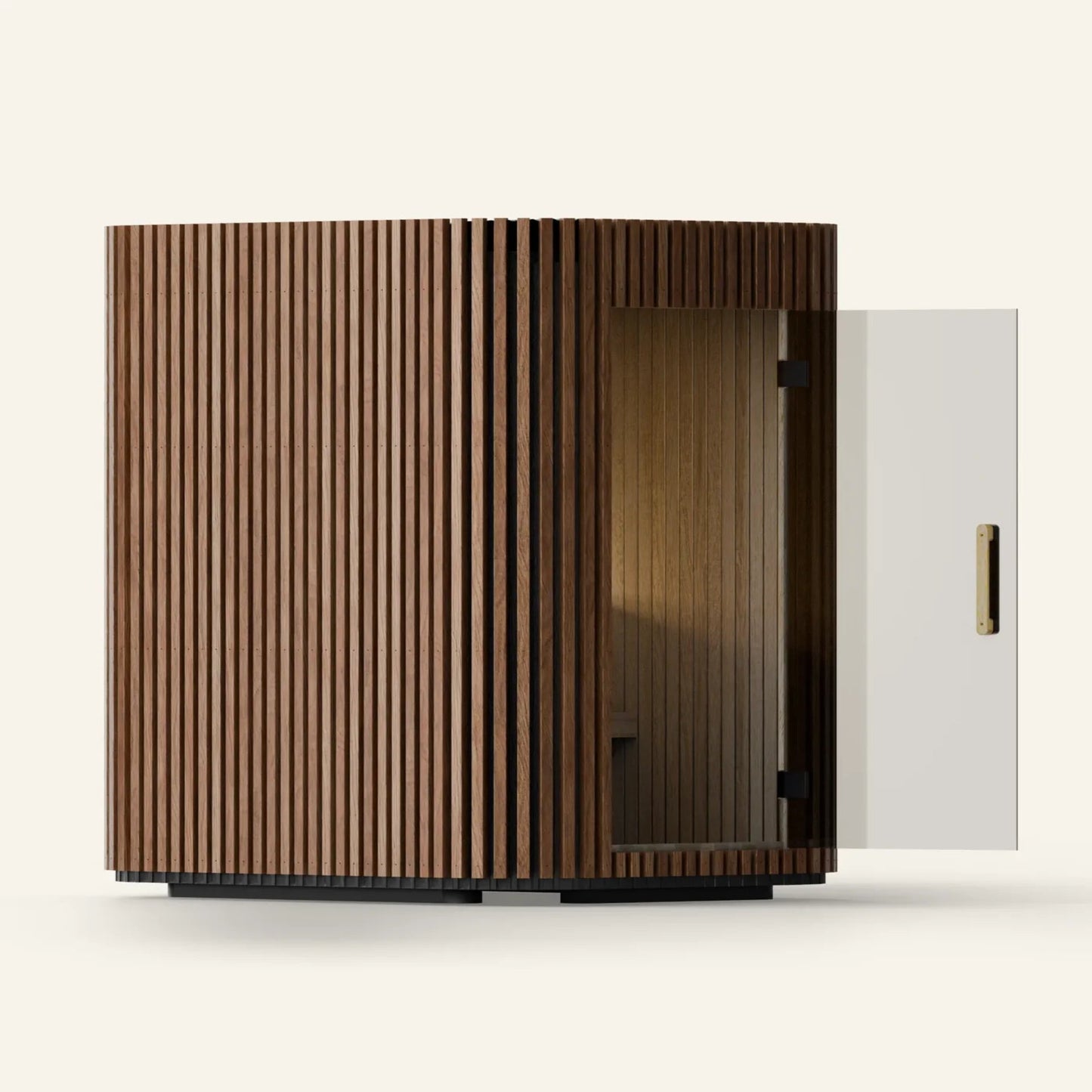 Wooden sauna with a slatted design on a white background