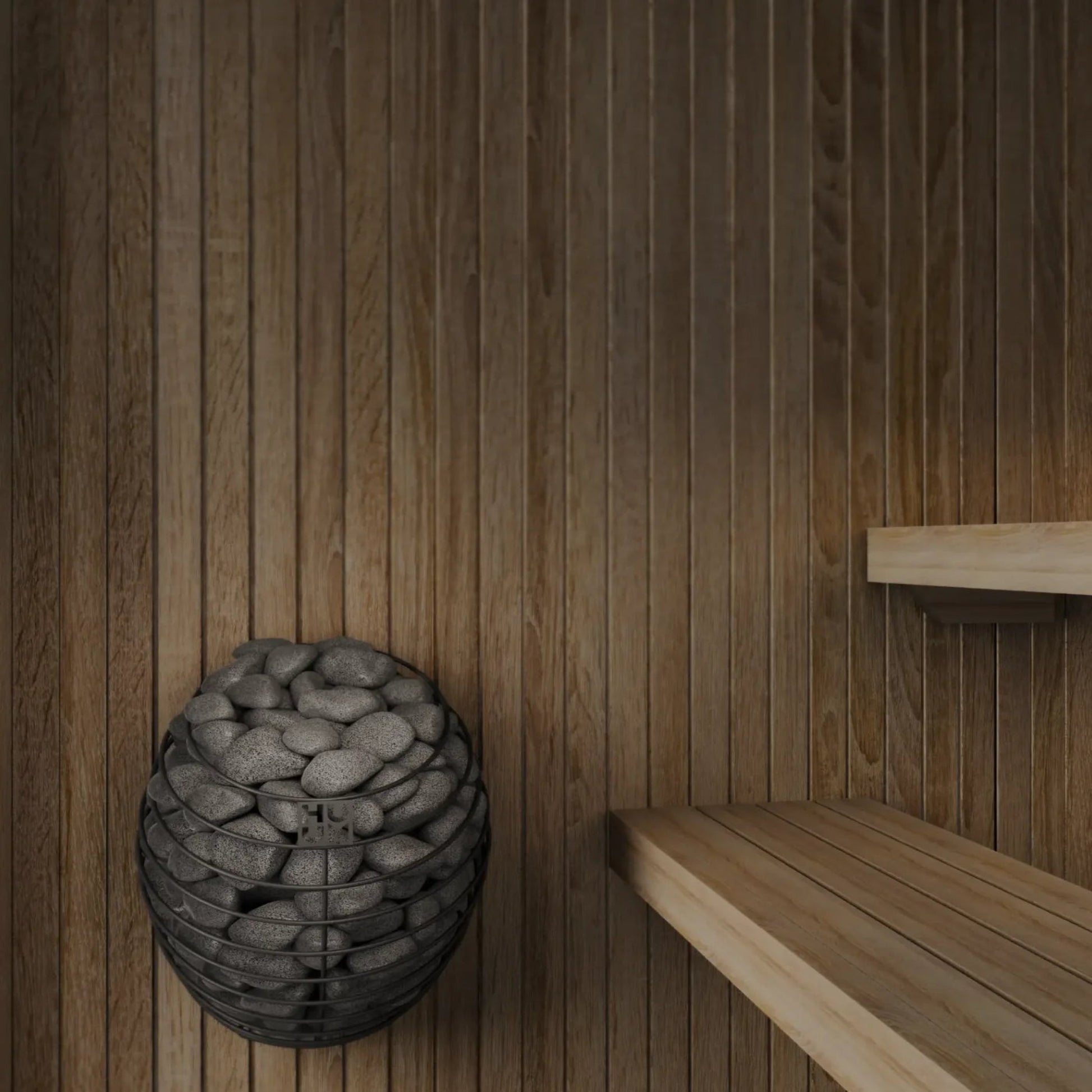 Wooden sauna with a woven stone basket on the wall