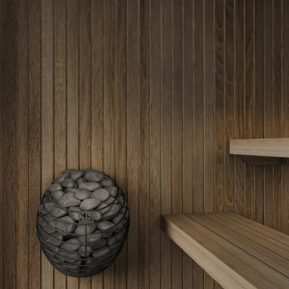 Wooden sauna with a woven stone basket on the wall