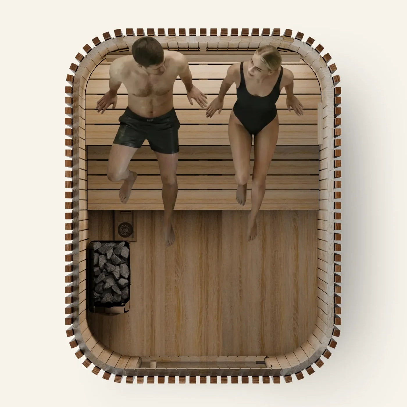 Two people jumping into a wooden sauna from above