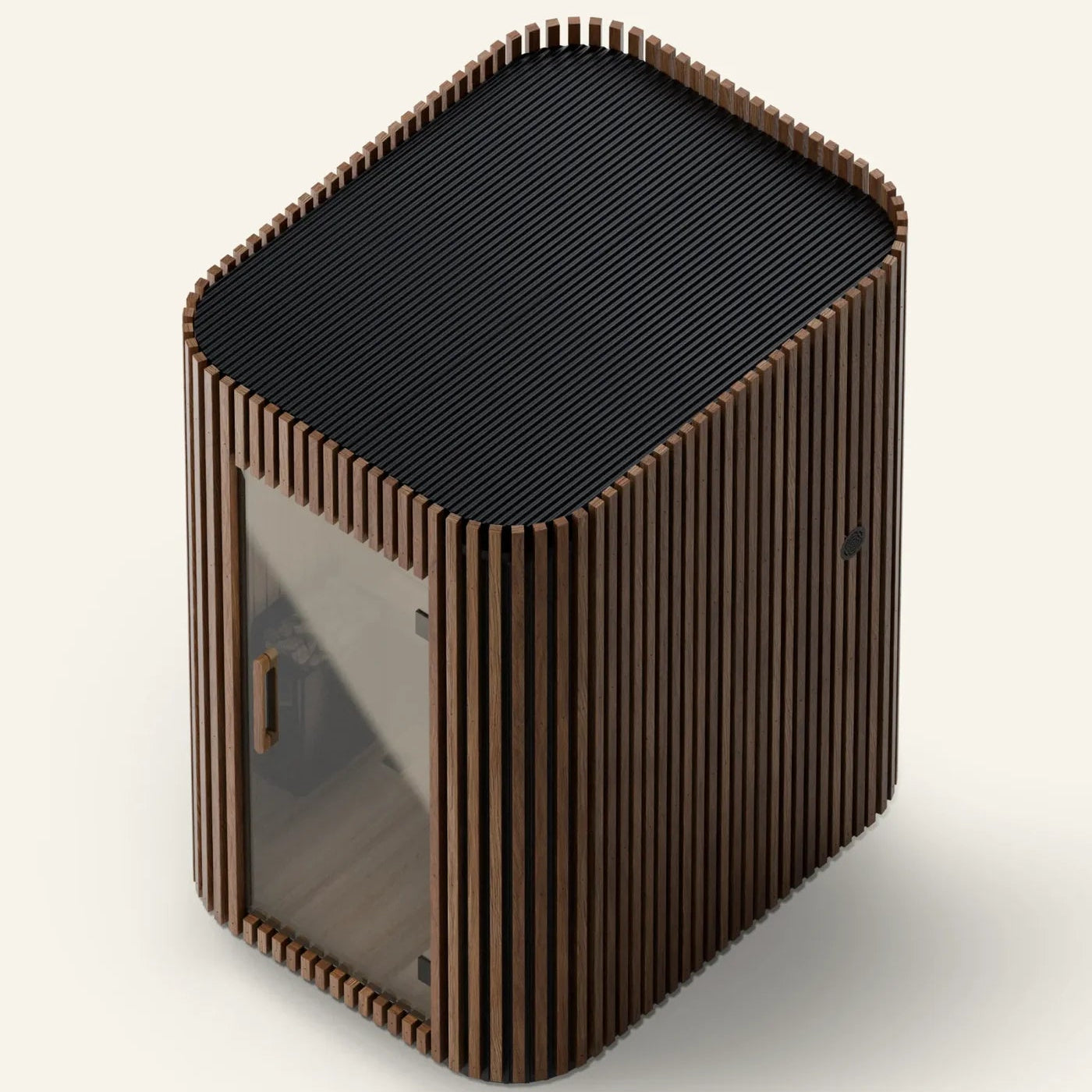 Hexagonal sauna cabin with black top on a white background