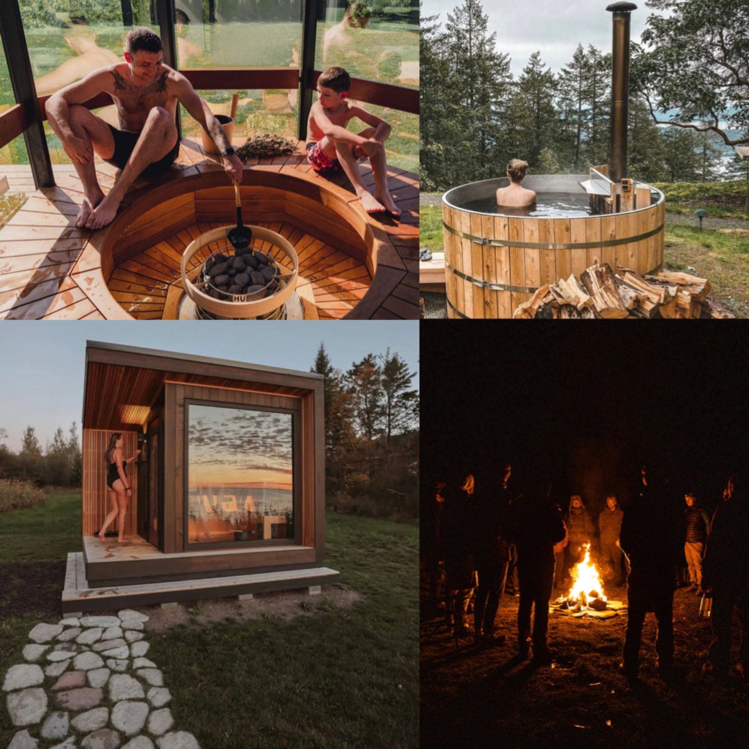 Collage of people around a wooden hot tub and outdoor sauna, with a focus on relaxation and social gatherings.
