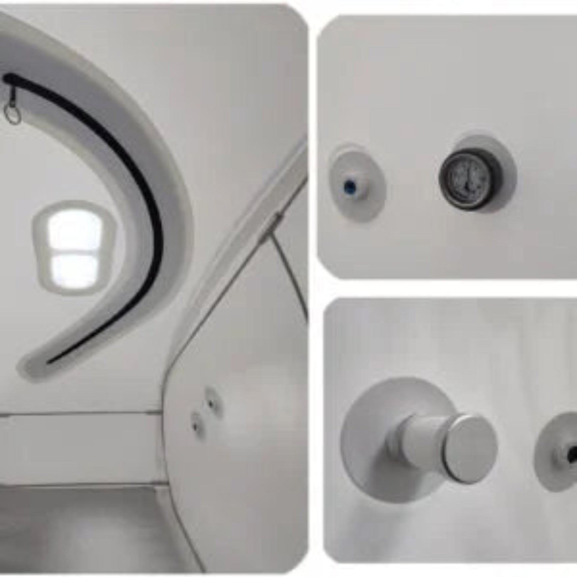 Close-up of a shower control panel with various buttons and a light.