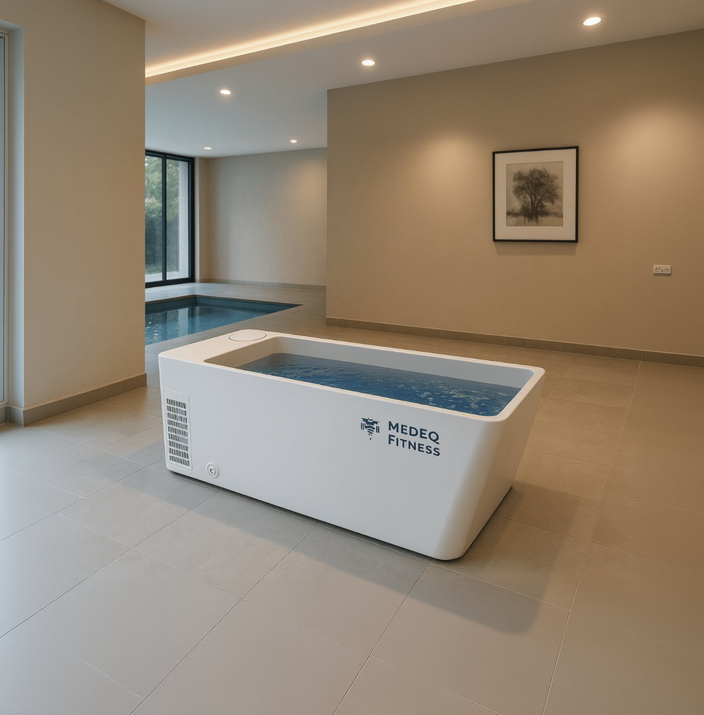 Indoor pool with MEDEQ Fitness branding in a modern room.