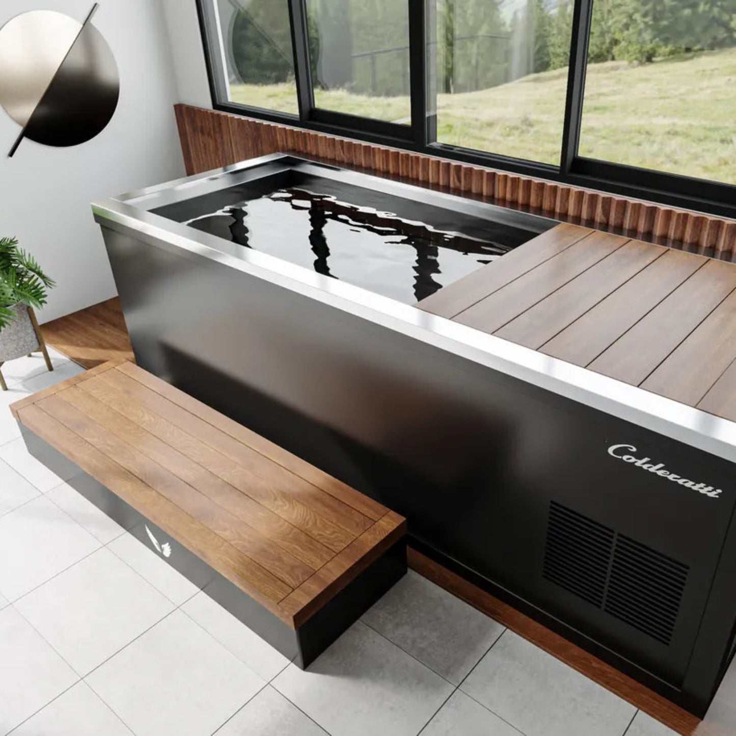 Modern cold plunge with wooden deck and bench in a room with large windows.