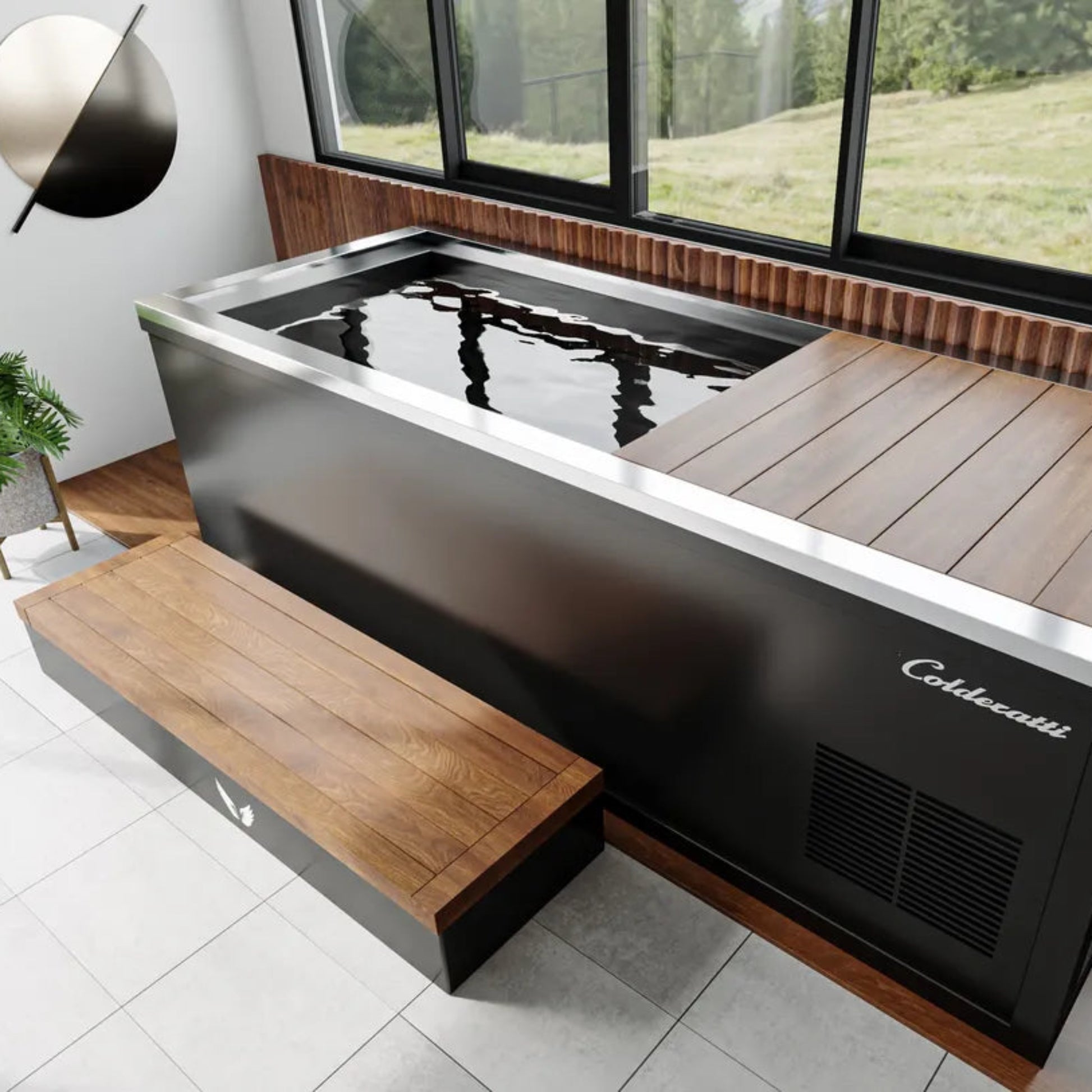 Modern cold plunge with wooden deck and bench in a room with large windows.