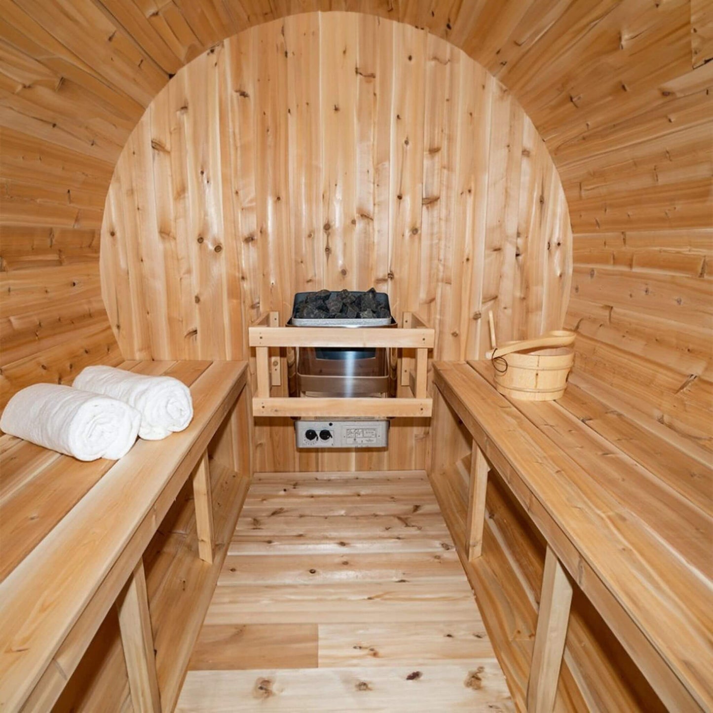 DUNDALK SERENITY | 4-Person Canadian Timber | Barrel Sauna With Solid Wood Benches | By Leisure Craft