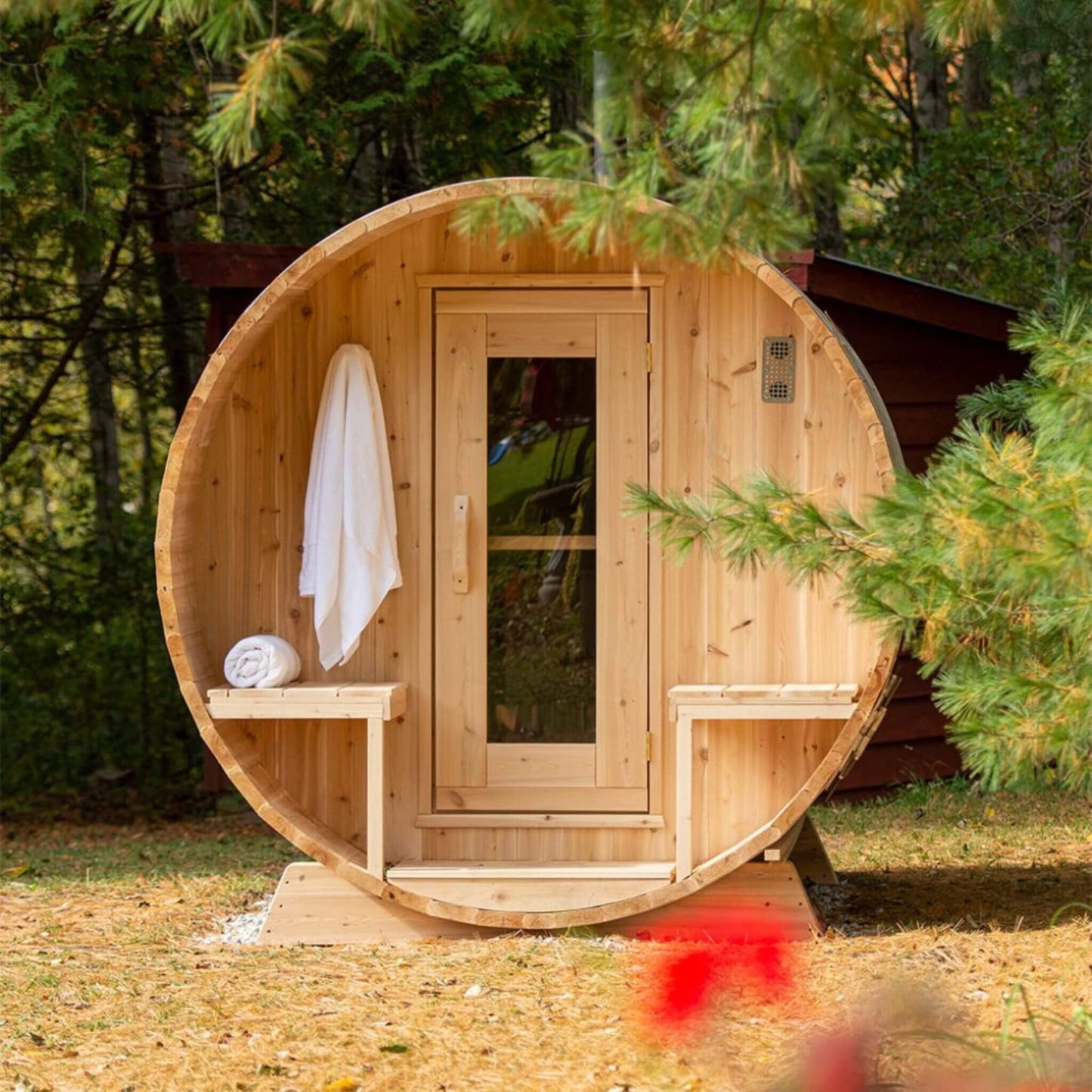 DUNDALK SERENITY | 4-Person Canadian Timber | Barrel Sauna With Solid Wood Benches | By Leisure Craft