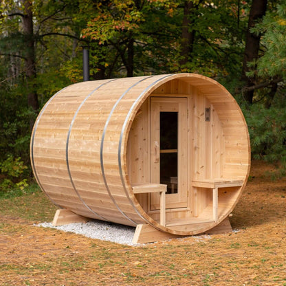 DUNDALK SERENITY | 4-Person Canadian Timber | Barrel Sauna With Solid Wood Benches | By Leisure Craft