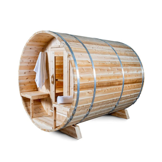 DUNDALK SERENITY | 4-Person Canadian Timber | Barrel Sauna With Solid Wood Benches | By Leisure Craft