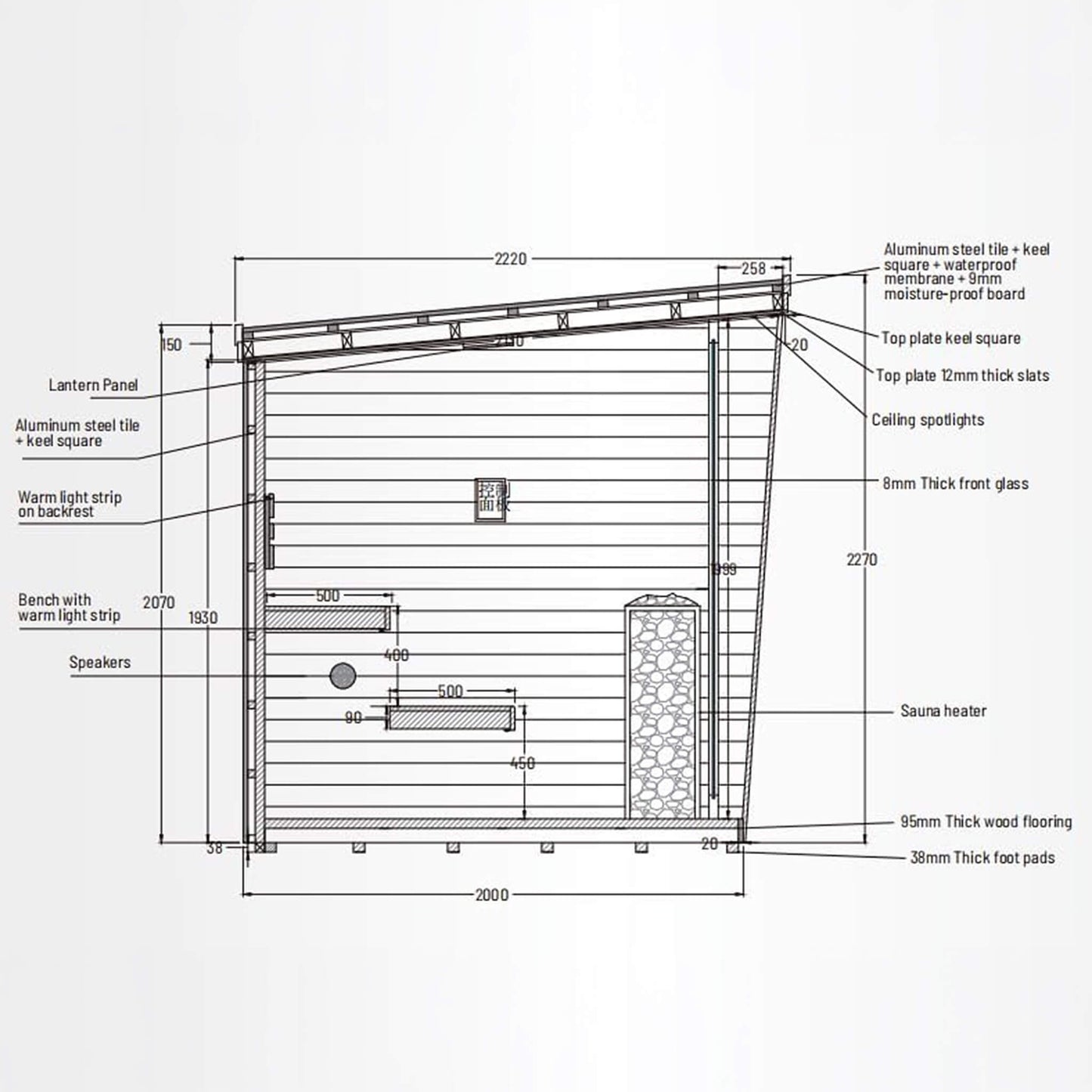 NOIR | Luxury 6-Person Outdoor Traditional Steam Sauna | Carbonized Spruce | Square Roof | Tempered Glass | Lighting | Built-In Speakers