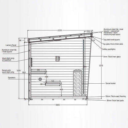 NOIR | Luxury 6-Person Outdoor Traditional Steam Sauna | Carbonized Spruce | Square Roof | Tempered Glass | Lighting | Built-In Speakers