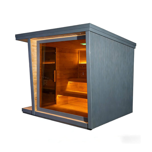 NOIR | Luxury 6-Person Outdoor Traditional Steam Sauna | Carbonized Spruce | Square Roof | Tempered Glass | Lighting | Built-In Speakers