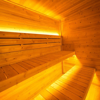 NOIR | Luxury 6-Person Outdoor Traditional Steam Sauna | Carbonized Spruce | Square Roof | Tempered Glass | Lighting | Built-In Speakers