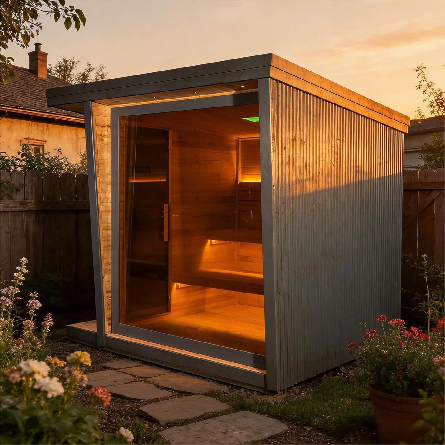 NOIR | Luxury 6-Person Outdoor Traditional Steam Sauna | Carbonized Spruce | Square Roof | Tempered Glass | Lighting | Built-In Speakers