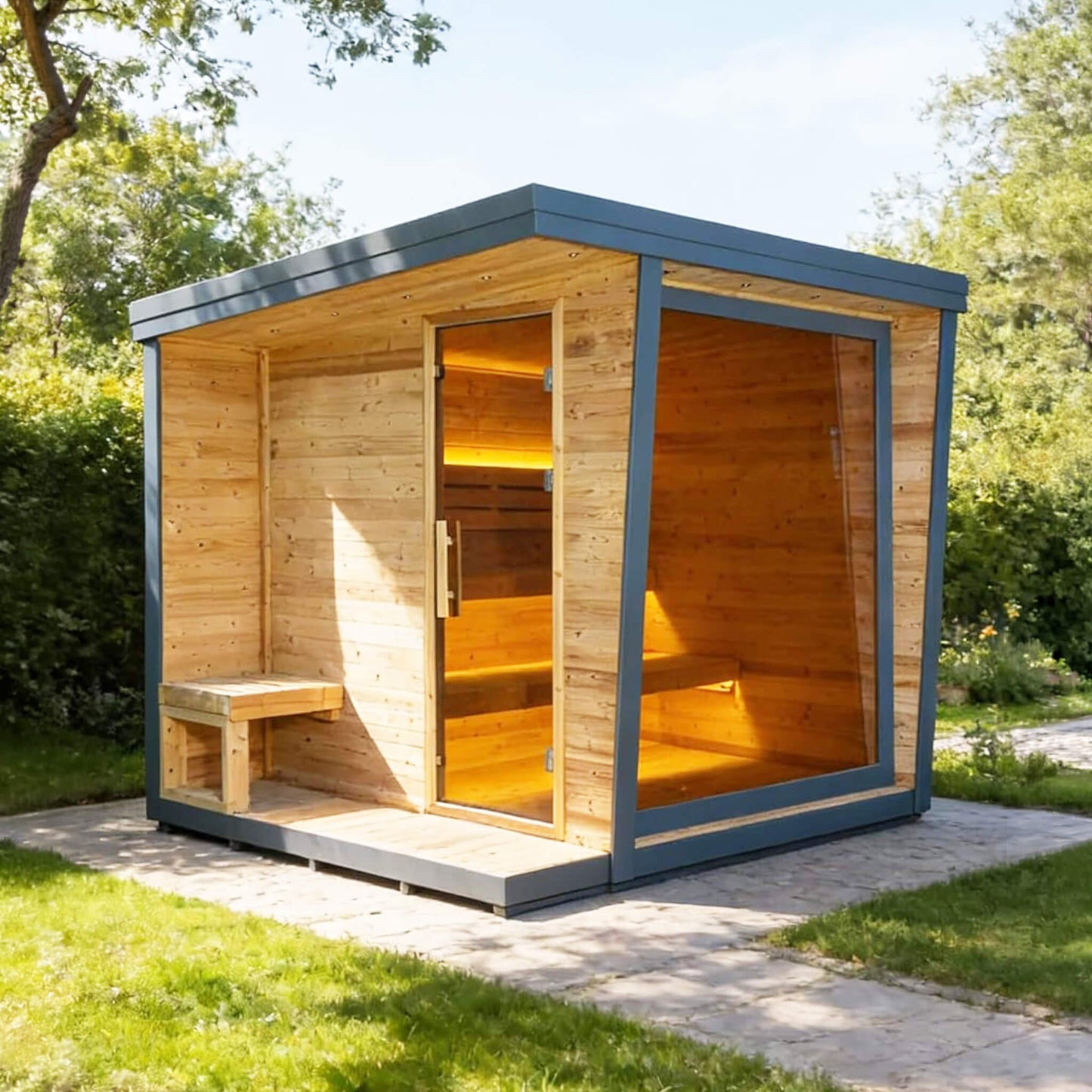 NOIR | Luxury 6-Person Outdoor Traditional Steam Sauna | Carbonized Spruce | Square Roof | Tempered Glass | Lighting | Built-In Speakers
